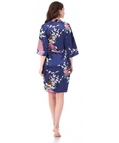 Kimono Robes for Women Floral Peacock Short Silk Bridesmaid Robes Wedding Party - Navy - C817XX7THOI $20.47 Robes