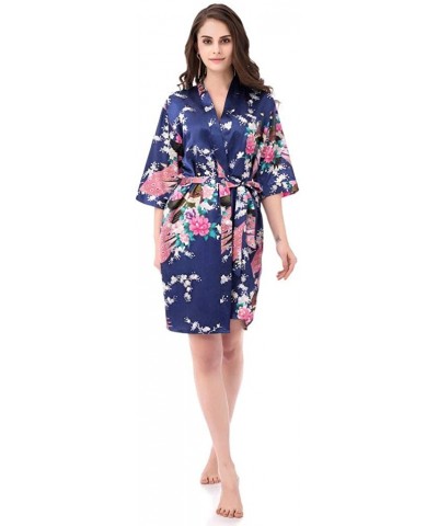 Kimono Robes for Women Floral Peacock Short Silk Bridesmaid Robes Wedding Party - Navy - C817XX7THOI $20.47 Robes