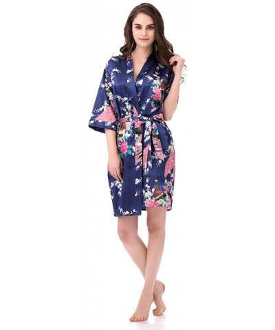 Kimono Robes for Women Floral Peacock Short Silk Bridesmaid Robes Wedding Party - Navy - C817XX7THOI $20.47 Robes