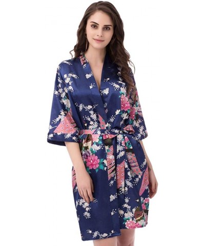 Kimono Robes for Women Floral Peacock Short Silk Bridesmaid Robes Wedding Party - Navy - C817XX7THOI $20.47 Robes