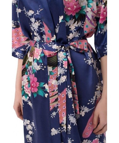 Kimono Robes for Women Floral Peacock Short Silk Bridesmaid Robes Wedding Party - Navy - C817XX7THOI $20.47 Robes