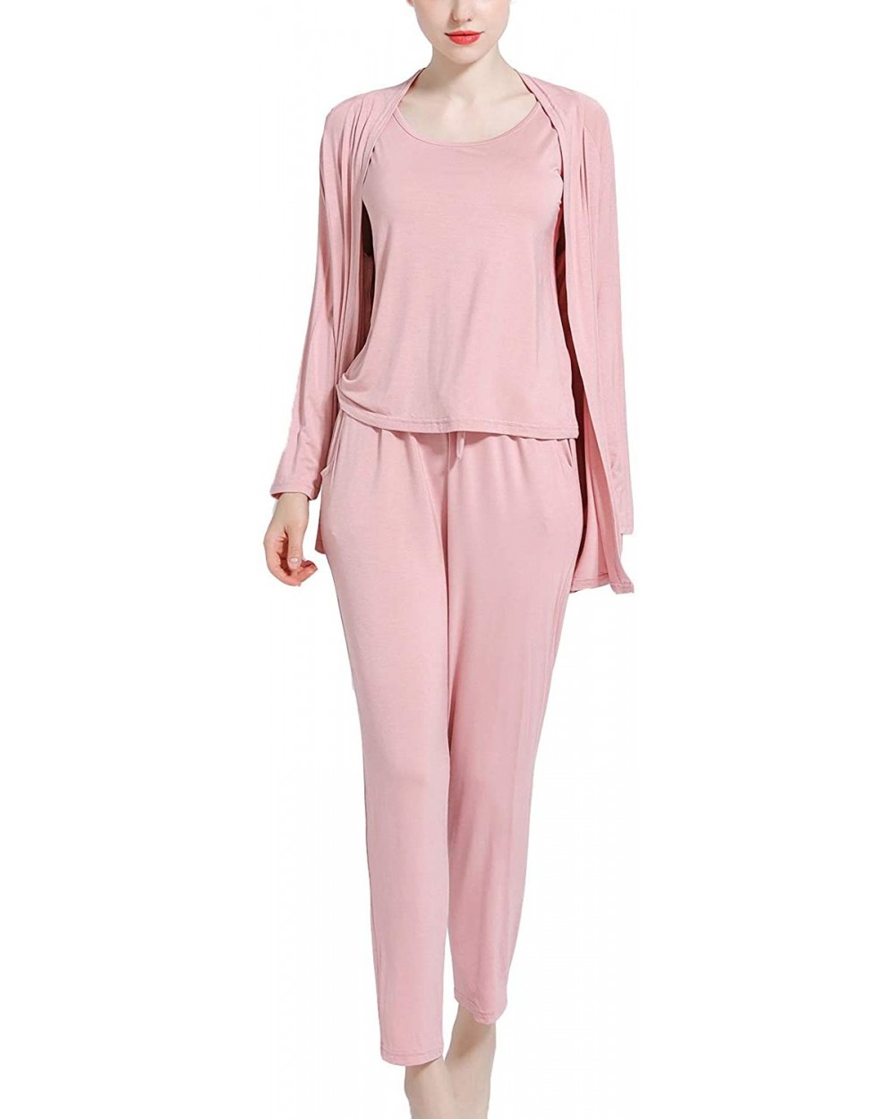 Women's Soft Pajama Set 3 Pieces Pyjamas Tank Coat Modal Casual Pockets Sleepwear - Pink - CY18Z56RLLS $58.73 Sets