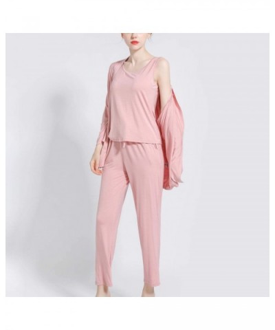 Women's Soft Pajama Set 3 Pieces Pyjamas Tank Coat Modal Casual Pockets Sleepwear - Pink - CY18Z56RLLS $58.73 Sets