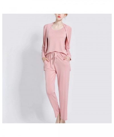 Women's Soft Pajama Set 3 Pieces Pyjamas Tank Coat Modal Casual Pockets Sleepwear - Pink - CY18Z56RLLS $58.73 Sets