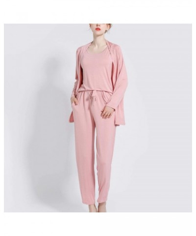 Women's Soft Pajama Set 3 Pieces Pyjamas Tank Coat Modal Casual Pockets Sleepwear - Pink - CY18Z56RLLS $58.73 Sets