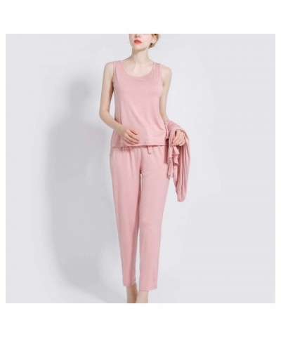 Women's Soft Pajama Set 3 Pieces Pyjamas Tank Coat Modal Casual Pockets Sleepwear - Pink - CY18Z56RLLS $58.73 Sets