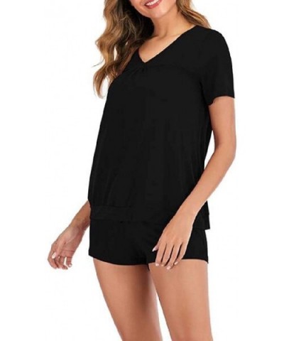 Short Sleeve Loungewear V-Neck Top and Shorts 2-Piece Pajamas Set - Black - CF19C66UETQ $36.68 Sets