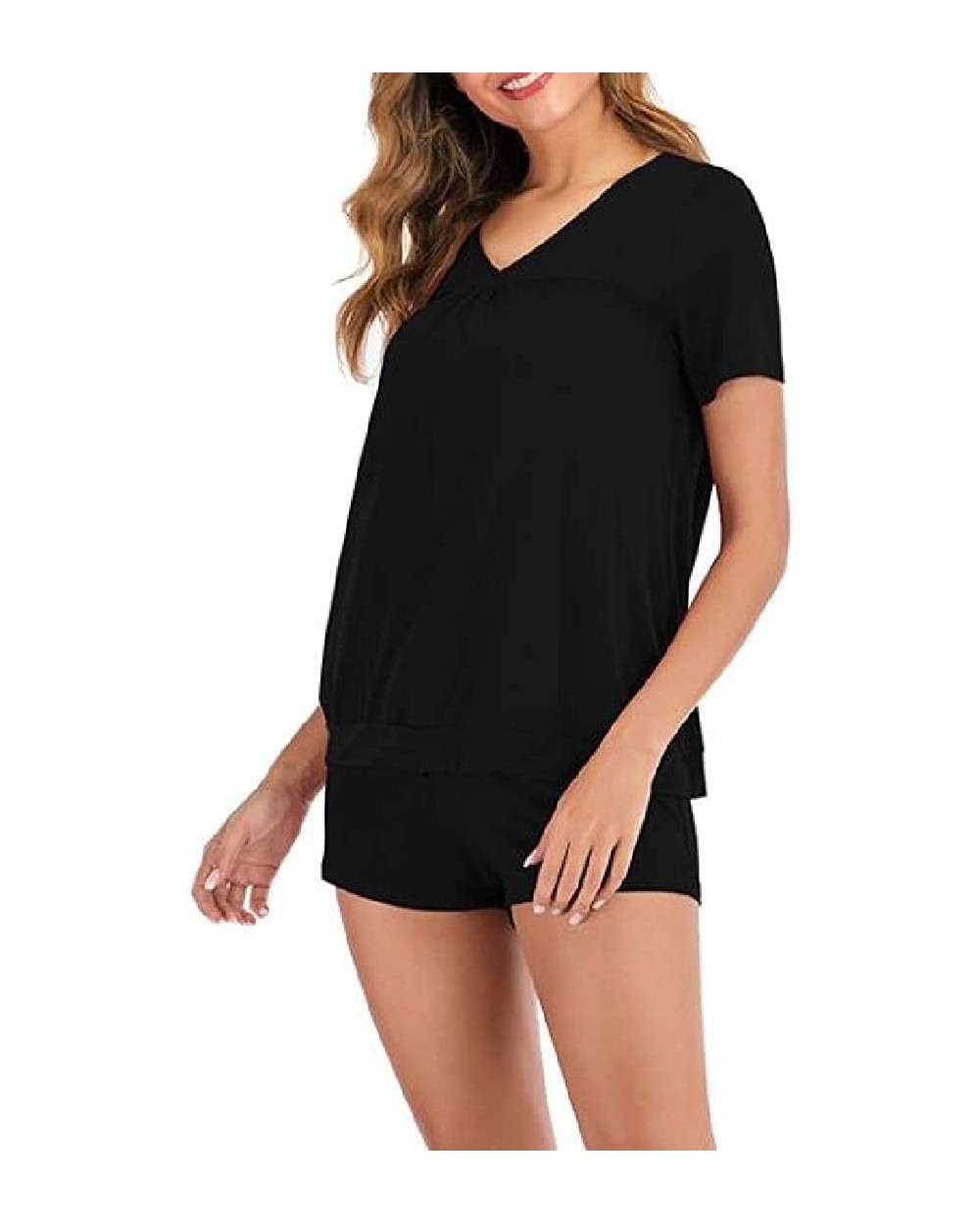 Short Sleeve Loungewear V-Neck Top and Shorts 2-Piece Pajamas Set - Black - CF19C66UETQ $36.68 Sets