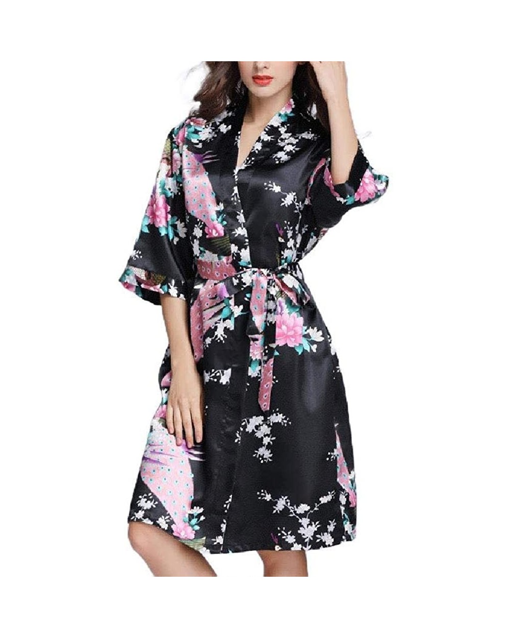 Women's Satin Nightshirt Lingerie Charmeuse Elegent Peacock Kimono - Black - CF19DSMMG0L $35.48 Nightgowns & Sleepshirts