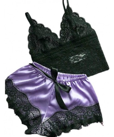 Womens Sexy Eyelash Floral Lace Lingerie Set V-Neck Crop Top Faux Silk Wide Leg Shorts Pajamas Sleepwear - Purple - C818A03GL...