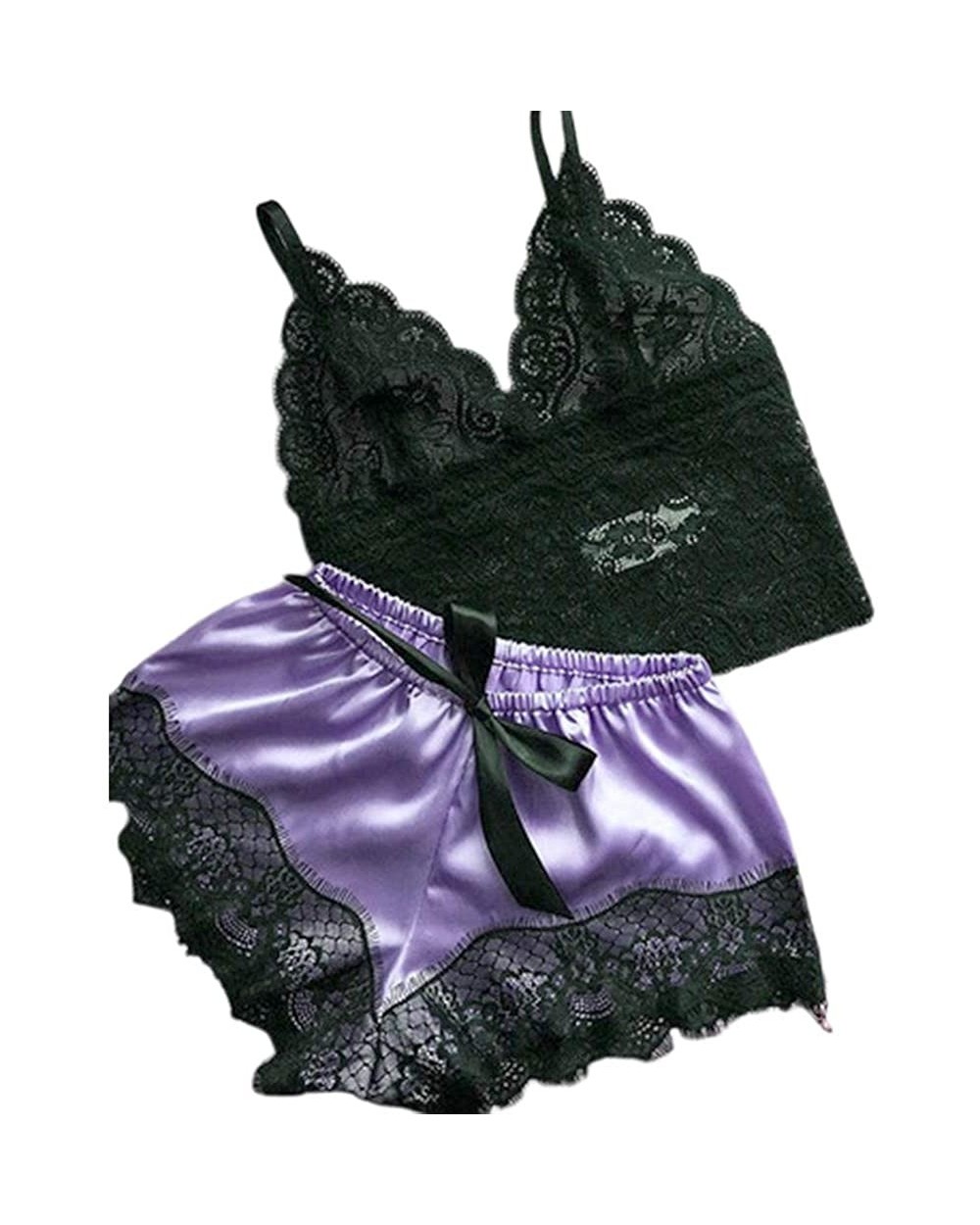 Womens Sexy Eyelash Floral Lace Lingerie Set V-Neck Crop Top Faux Silk Wide Leg Shorts Pajamas Sleepwear - Purple - C818A03GL...