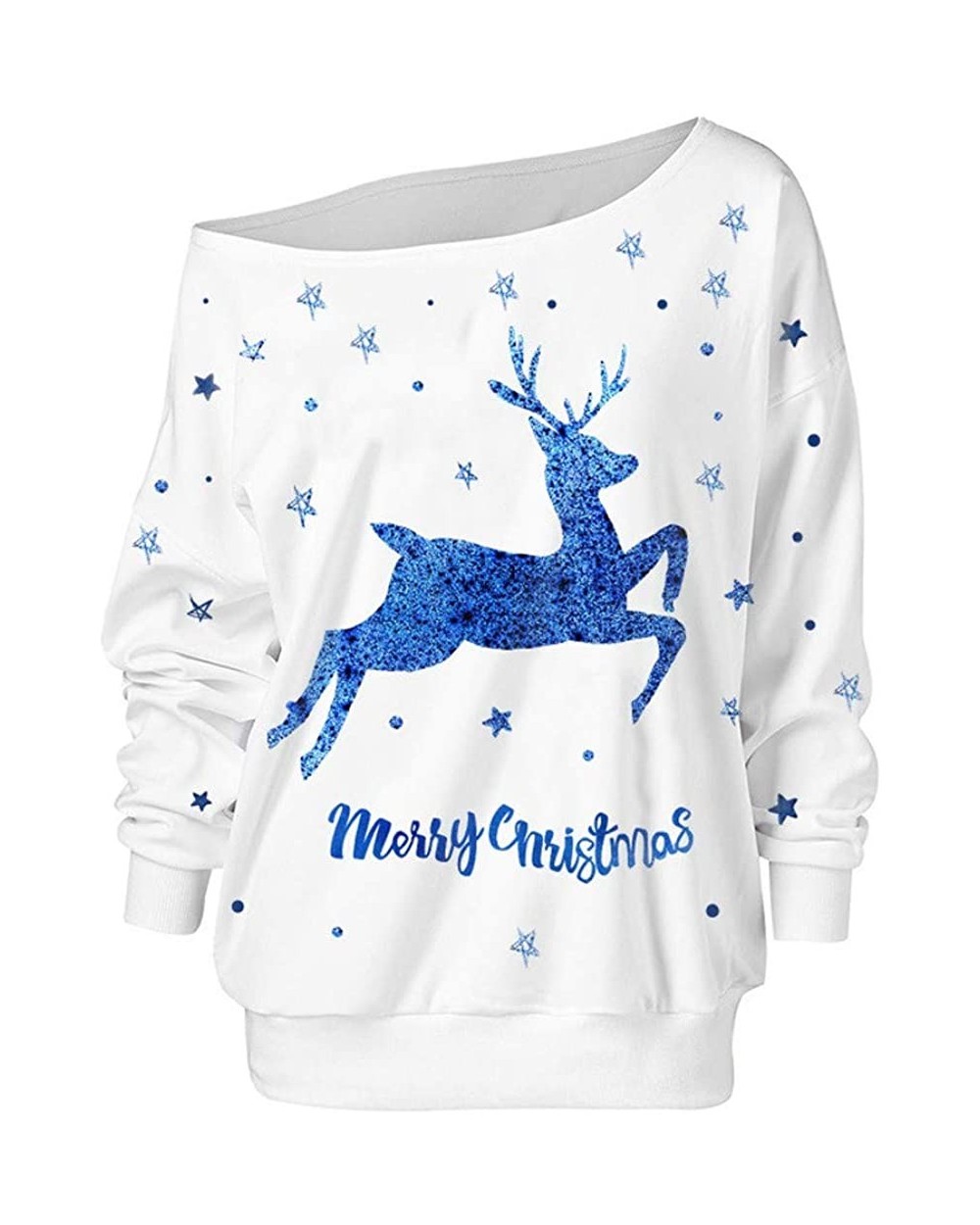 Women's Off-Shoulder Sweatshirt Pullover Christmas Elk Print Loose Long Sleeve Jumper Top - White - C918ZEUIKOI $41.95 Therma...