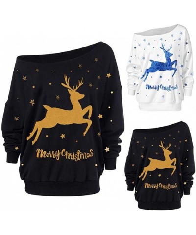 Women's Off-Shoulder Sweatshirt Pullover Christmas Elk Print Loose Long Sleeve Jumper Top - White - C918ZEUIKOI $41.95 Therma...