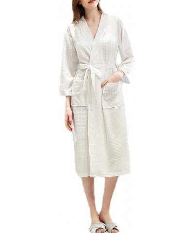 Women's 3/4 Sleeve Cotton Kimono Fashion Waffle-Weave-Spa Lightweight Robes - White - CL19DIGKQ79 $43.90 Robes