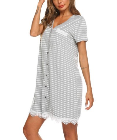 Women's Nightgown Striped Tee Short Sleeve Sleep Nightshirt Breastfeeding Loungewear Button Down Pajama Dress - 01 Aa-grey St...