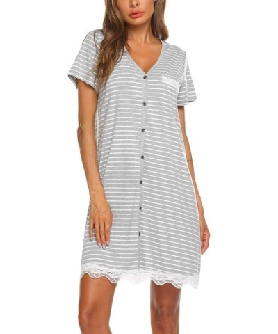 Women's Nightgown Striped Tee Short Sleeve Sleep Nightshirt Breastfeeding Loungewear Button Down Pajama Dress - 01 Aa-grey St...