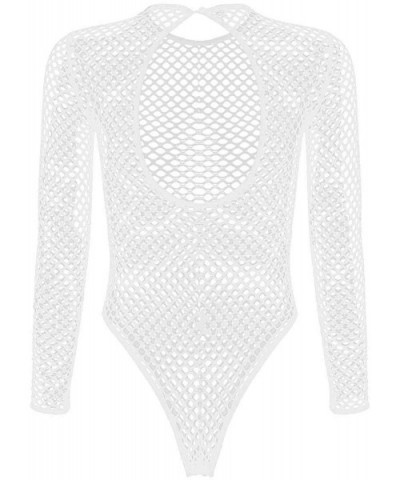 Women's Fishnet See Through Sheer Bodysuits Long Sleeve Sexy Leotard Jumpsuit Club Tops - White - C818NS6DKXX $35.25 Shapewear