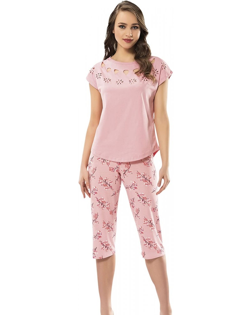 Women's Sleepwear Cotton Short Sleeve Pajama Set with Long Pants - Baby Pink (Capri Pants) - CP18CL88X04 $74.74 Sets