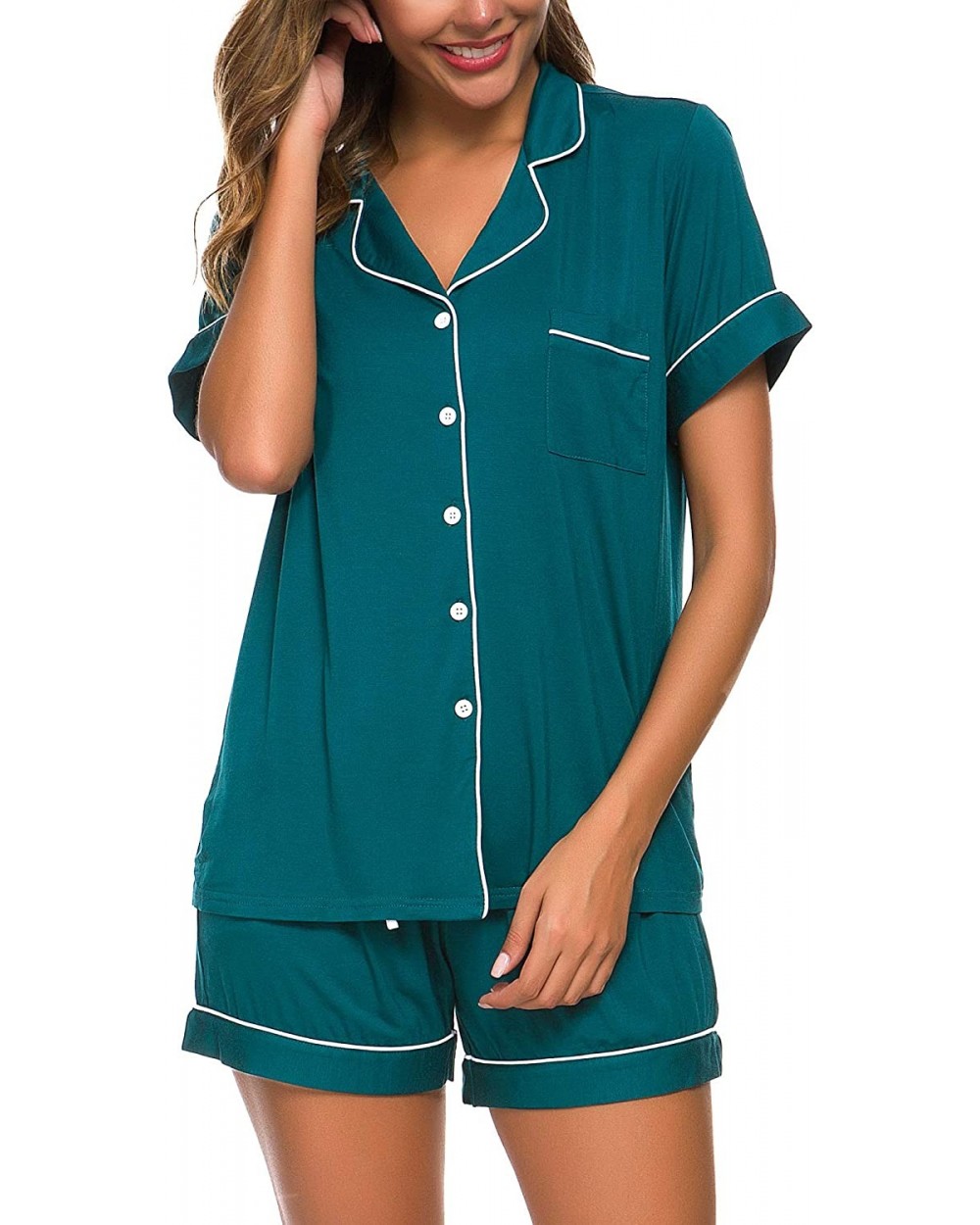 Pajamas Set Short Sleeve Sleepwear Womens Button Down Nightwear Soft Pj Lounge Sets - Peacock Green - CP19C233HES $53.65 Sets