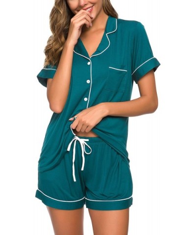 Pajamas Set Short Sleeve Sleepwear Womens Button Down Nightwear Soft Pj Lounge Sets - Peacock Green - CP19C233HES $53.65 Sets