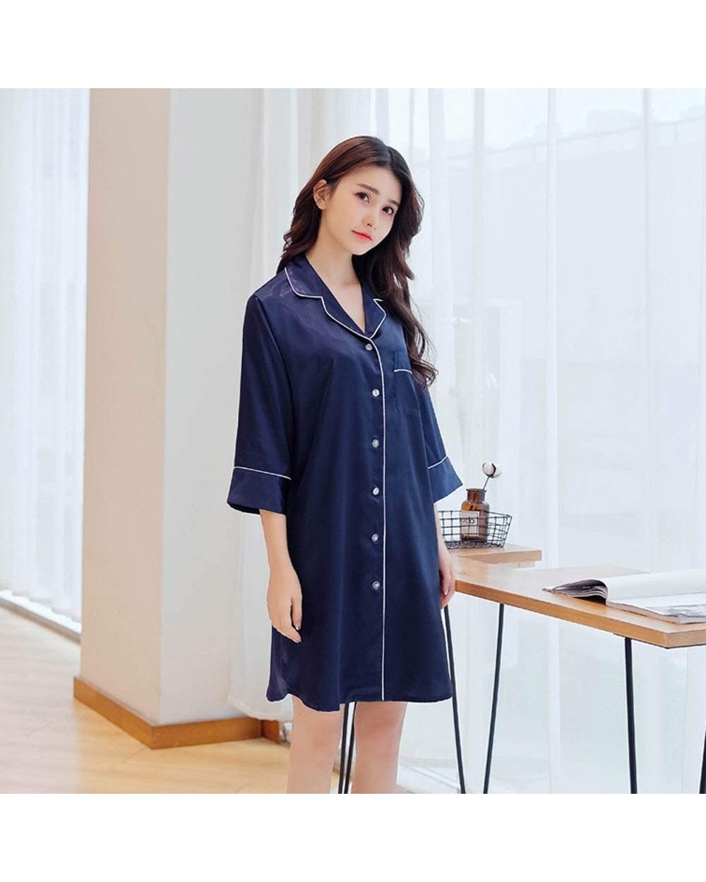 Three-Point Sleeve Silk Nightdress Female Large Size Ice Silk Shirt Skirt hot Silk Thin Section South Silk Cardigan Pajamas-C...