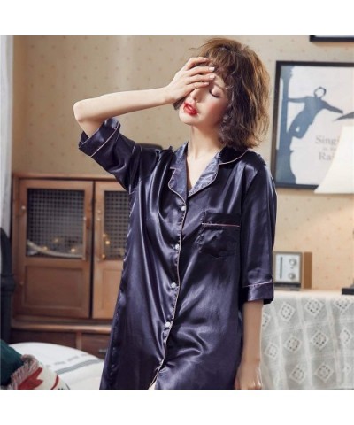 Three-Point Sleeve Silk Nightdress Female Large Size Ice Silk Shirt Skirt hot Silk Thin Section South Silk Cardigan Pajamas-C...