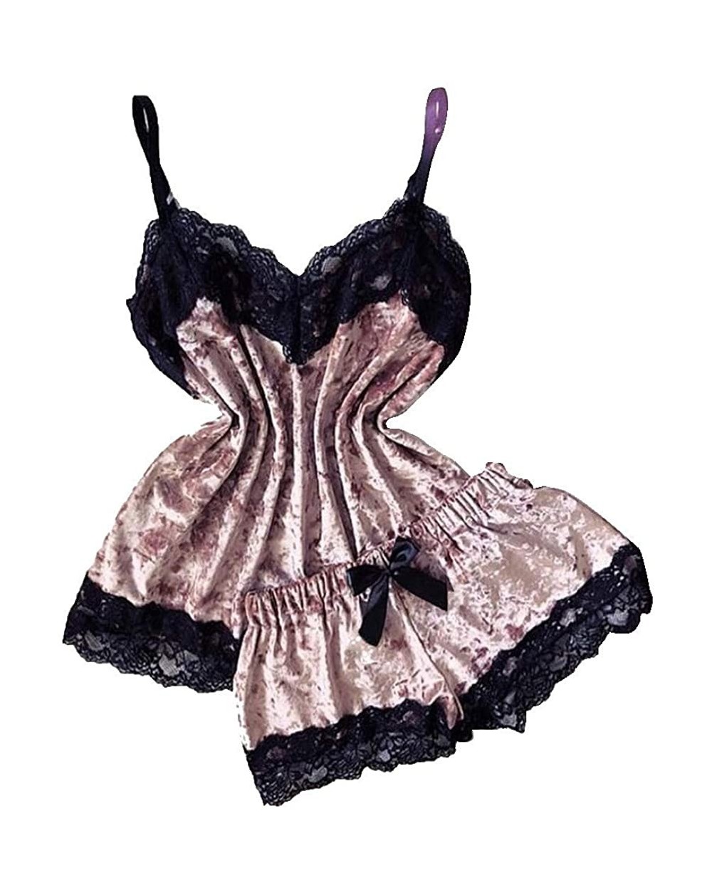 Lace Sleepwear Lingerie Temptation Babydoll Underwear Nightdress Intimates Pajama Set Satin Nightwear Vest Shorts - Pink - CX...