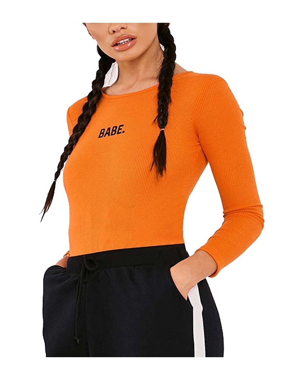 Women's Babe Long Sleeve Round Neck Bodysuits Jumpsuits - Orange - CR1887WRCGS $29.30 Shapewear