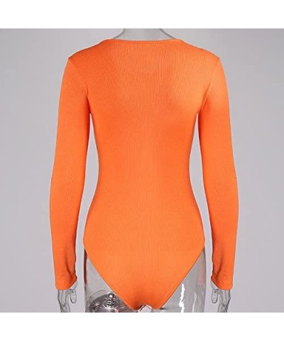 Women's Babe Long Sleeve Round Neck Bodysuits Jumpsuits - Orange - CR1887WRCGS $29.30 Shapewear