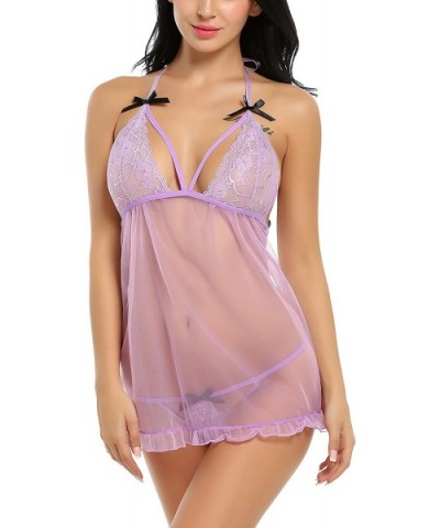 Women Deep V Neck Lace Lingerie Bowknot Sleepwear Open Back Chemises Purple Small - CW12N5SYTW7 $17.63 Baby Dolls & Chemises