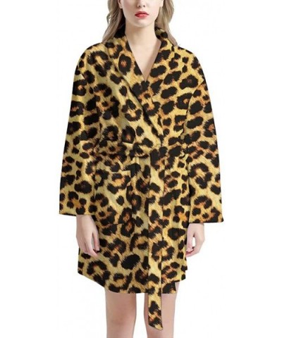 Women Bathrobe Short Kimono Robe Knee Length Soft Sleepwear with Front Pockets - Leopard - CN1976RA2TK $75.30 Robes