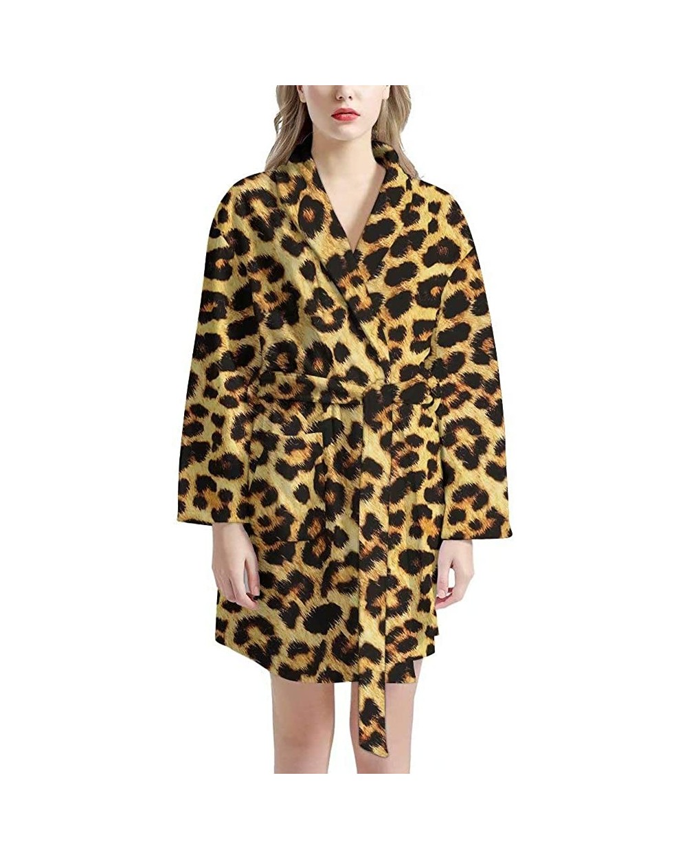 Women Bathrobe Short Kimono Robe Knee Length Soft Sleepwear with Front Pockets - Leopard - CN1976RA2TK $75.30 Robes