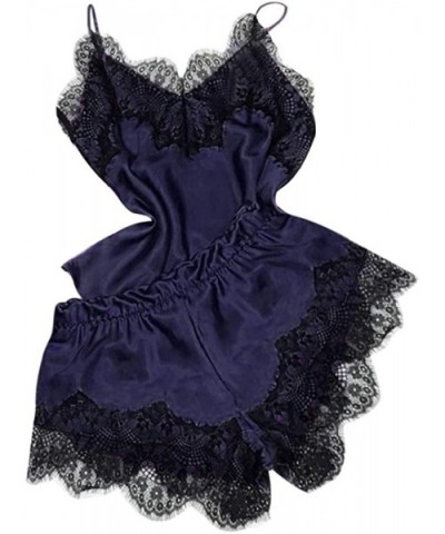 Women's Lace Satin Sleepwear Cami Top and Shorts Pajama Set 2 Piece Sexy Lingerie Nightwear - B-dark Blue - CQ194DTGEIO $22.1...