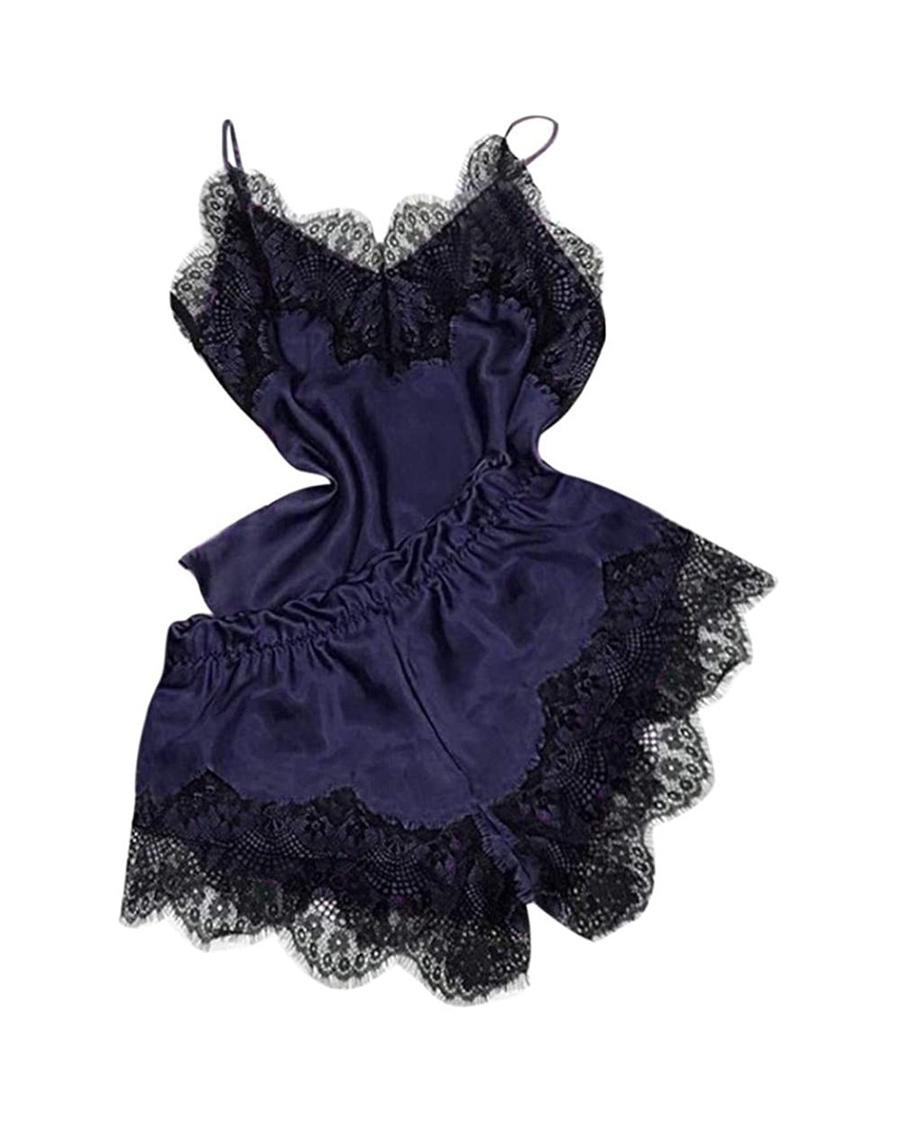 Women's Lace Satin Sleepwear Cami Top and Shorts Pajama Set 2 Piece Sexy Lingerie Nightwear - B-dark Blue - CQ194DTGEIO $22.1...