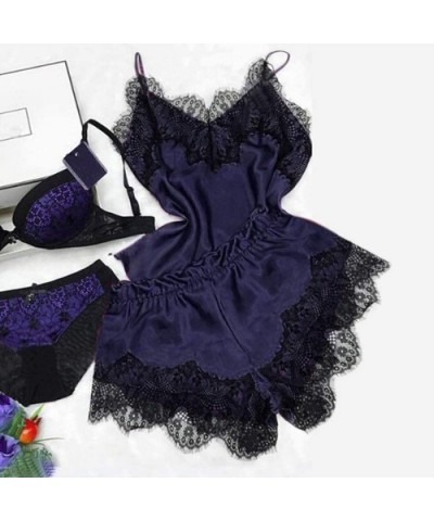 Women's Lace Satin Sleepwear Cami Top and Shorts Pajama Set 2 Piece Sexy Lingerie Nightwear - B-dark Blue - CQ194DTGEIO $22.1...