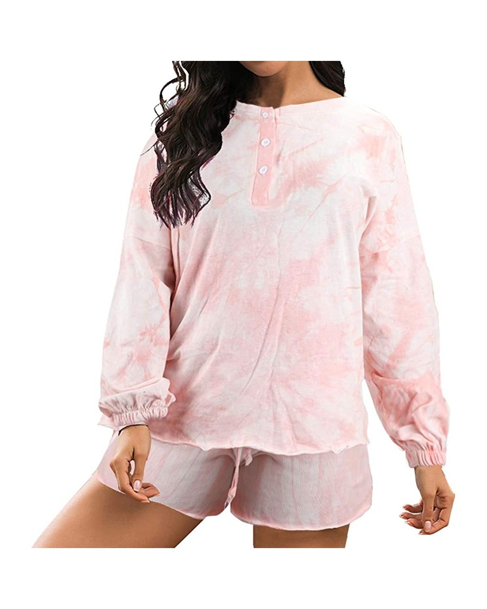 Women Pajamas Lounge Sets Tie Dye Printed Long Sleeve Tops and Shorts Striped 2 Piece Sleepwear Light Pink - CN199N58RLR $30....