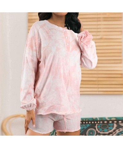 Women Pajamas Lounge Sets Tie Dye Printed Long Sleeve Tops and Shorts Striped 2 Piece Sleepwear Light Pink - CN199N58RLR $30....