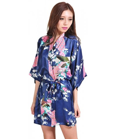 Women Kimono Printing Peacock Satin Robe for Bridesmaid Wedding Short Sleeve - Navy Blue - CP180IZS0TX $17.79 Robes