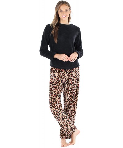 Women's Fleece Long Sleeve Pajama PJ Set - Leopard Solid Top - CC18Q9WUQ9L $45.50 Sets