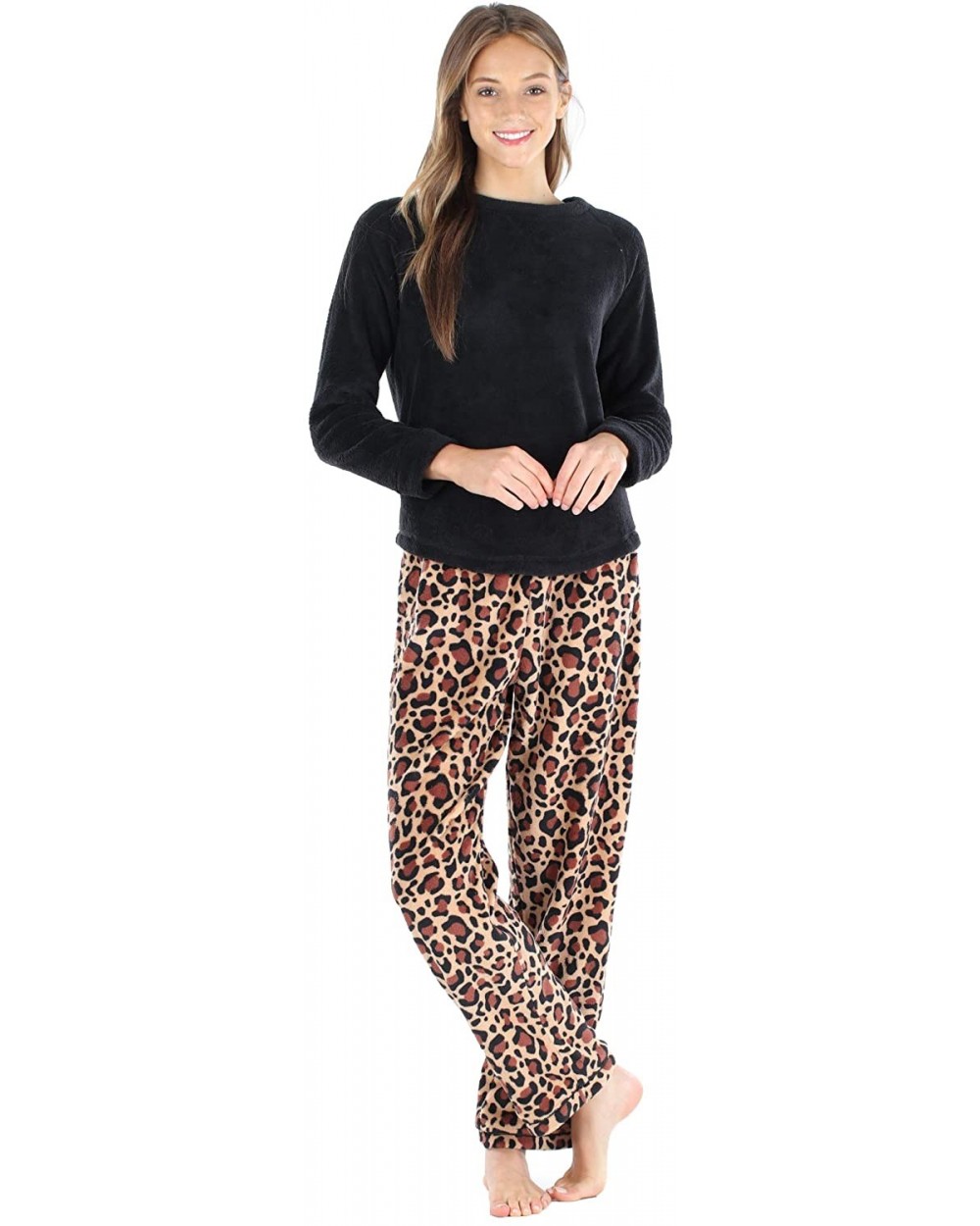 Women's Fleece Long Sleeve Pajama PJ Set - Leopard Solid Top - CC18Q9WUQ9L $45.50 Sets