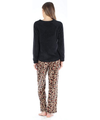 Women's Fleece Long Sleeve Pajama PJ Set - Leopard Solid Top - CC18Q9WUQ9L $45.50 Sets