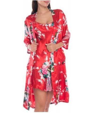 2 Piece Set Women Silk Peacock Kimono Robes Sexy Lingerie Women Wedding Party Robe - Red - CC18MEOTRYA $38.52 Robes