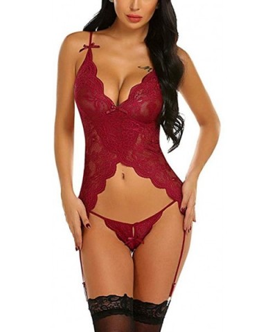 Sexy Lingerie Set for Women Lace Teddy Babydoll Deep V Bodysuit with Garter Belts + G Srting Thong Underwear Nightwear - Red ...