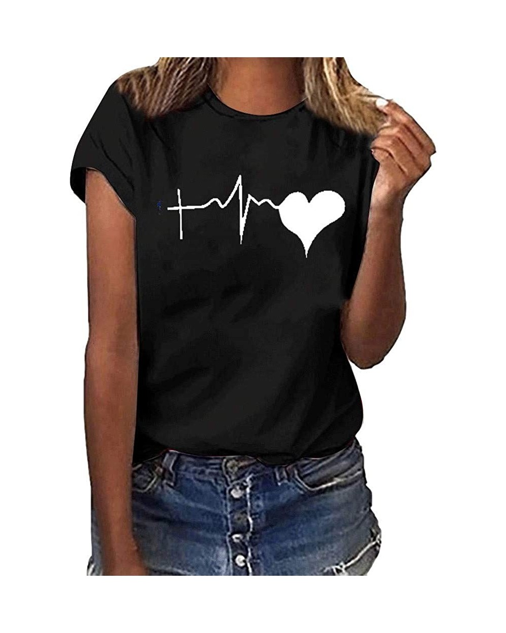 Love T-Shirt for Women Summer Print Short SleeveTunic Blouse Top - Short Sleeve-black - CM18U8X6GLK $32.44 Thermal Underwear