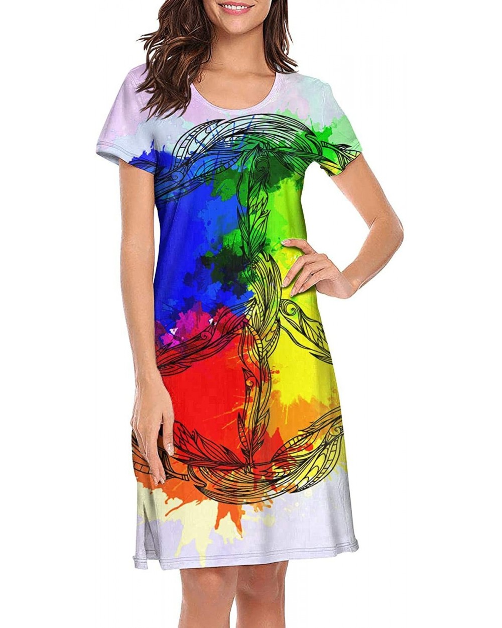 Women's Girls Crazy Nightgowns Nightdress Short Sleeve Sleepwear Cute Sleepdress - Hippie Peace Symbol - CP192YKSNYZ $49.83 N...