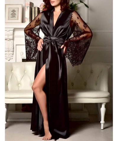 Women Satin Long Nightdress Silk Lace Lingerie Nightgown Sleepwear Sexy Robe - Black - CD18N9MGGHQ $16.79 Robes