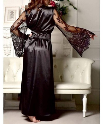 Women Satin Long Nightdress Silk Lace Lingerie Nightgown Sleepwear Sexy Robe - Black - CD18N9MGGHQ $16.79 Robes