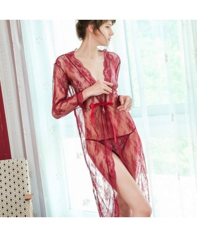 Womens Eyelash Lace Kimono Robe Babydoll Lingerie Sheer Mesh Nightgown Sexy Sleepwear Exotic Pajamas Chemise Nightwear - Wine...