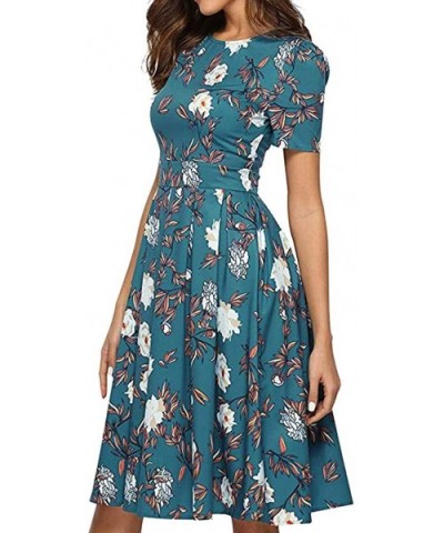 Women Casual Summer Bohemian Rose Print O-Neck Short Sleeve Above Knee A-Line Ruffle Dresses - Green - C218SUSERYM $34.60 Nig...