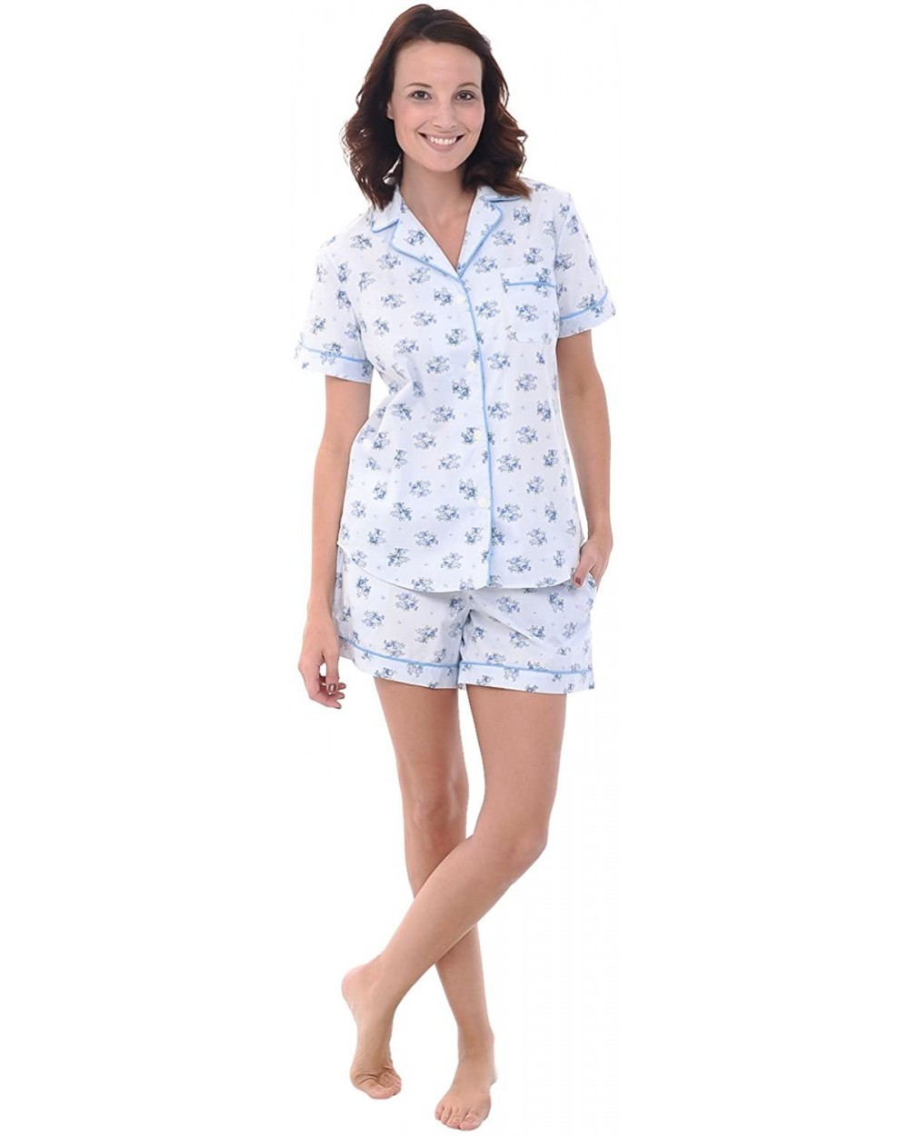 Women's Lightweight Button Down Pajama Set- Short Summer Pjs - Blue Flower Pinstripe With Light Blue Piping - CS12LHHAGS1 $47...